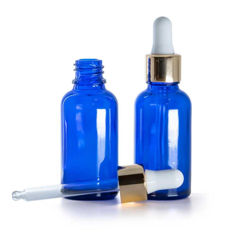 Kék üvegpalack fehér-arany pipettával, 30 ml