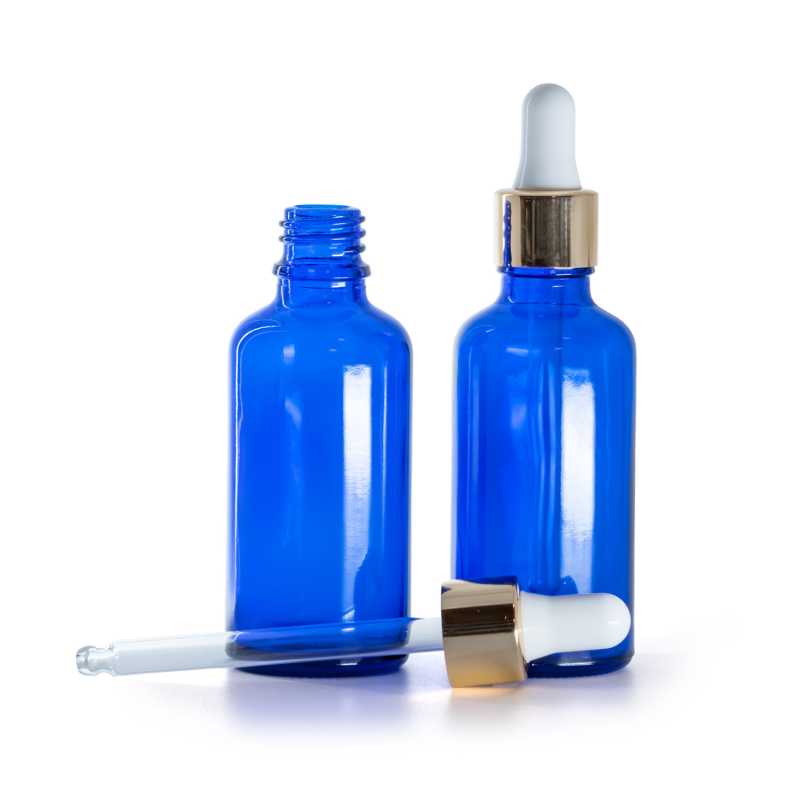 Kék üvegpalack fehér-arany pipettás kupakkal, 50 ml