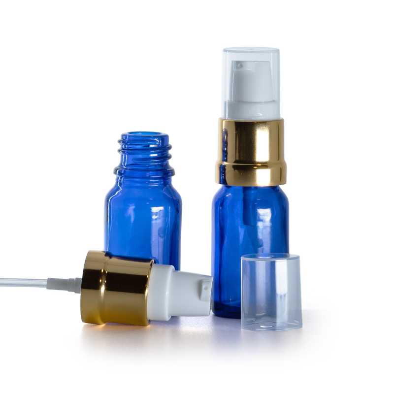 Kék üvegpalack fényes fehér-arany adagolófejjel 10 ml