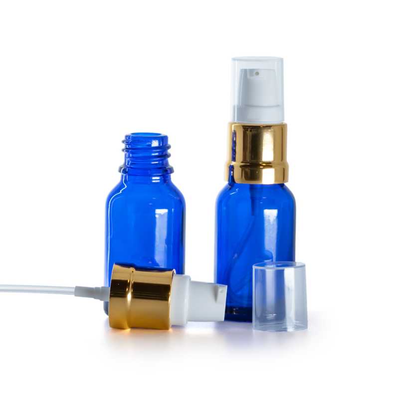 Kék üvegpalack fényes fehér-arany pumpával, 15 ml