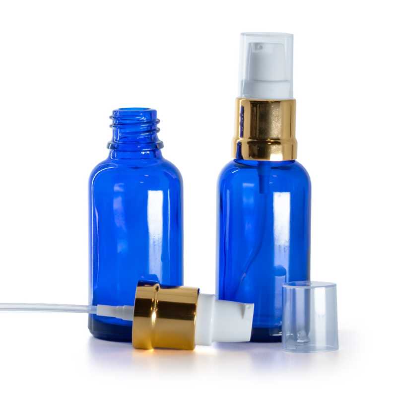 Kék üvegpalack, fényes fehér-arany adagoló, 30 ml