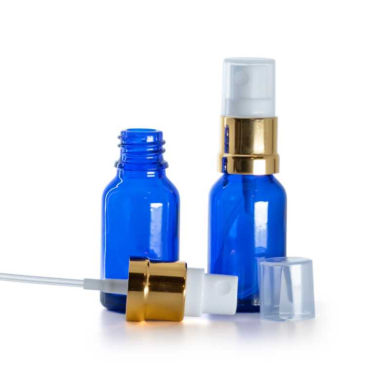 Kék üvegpalack fehér-arany permetezőfejjel, 15 ml