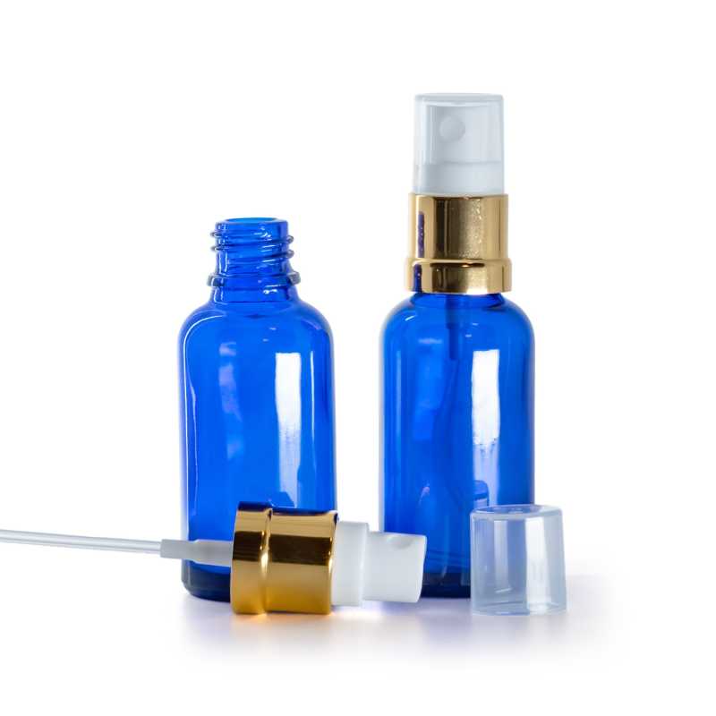 Kék üvegpalack, fehér/fényes arany permetező, 30 ml