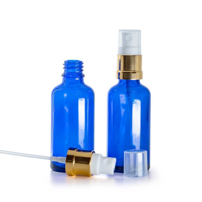 Kék üvegpalack, fehér-fényes arany permetezőfej, 50 ml