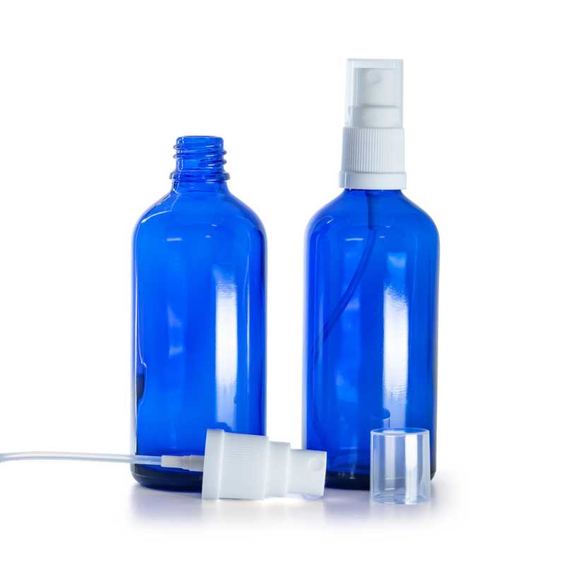 Kék üvegpalack fehér permetezőfejjel 100 ml