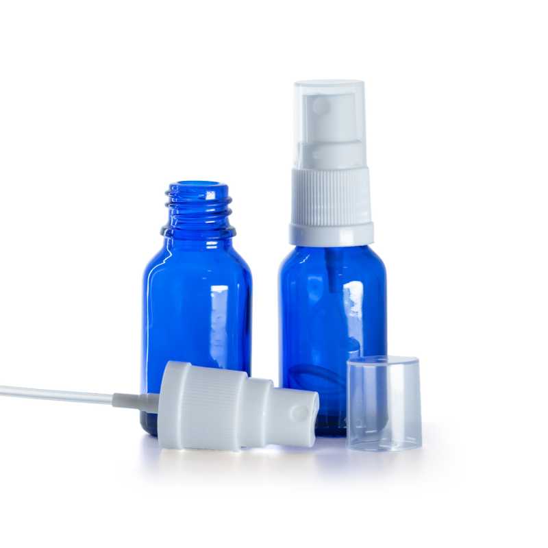 Kék üvegpalack fehér permetezőfejjel 15 ml