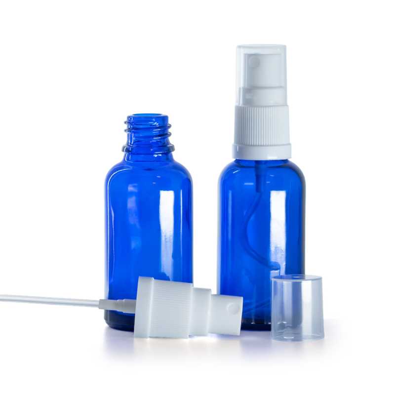 Kék üvegpalack fehér permetezőfejjel 30 ml