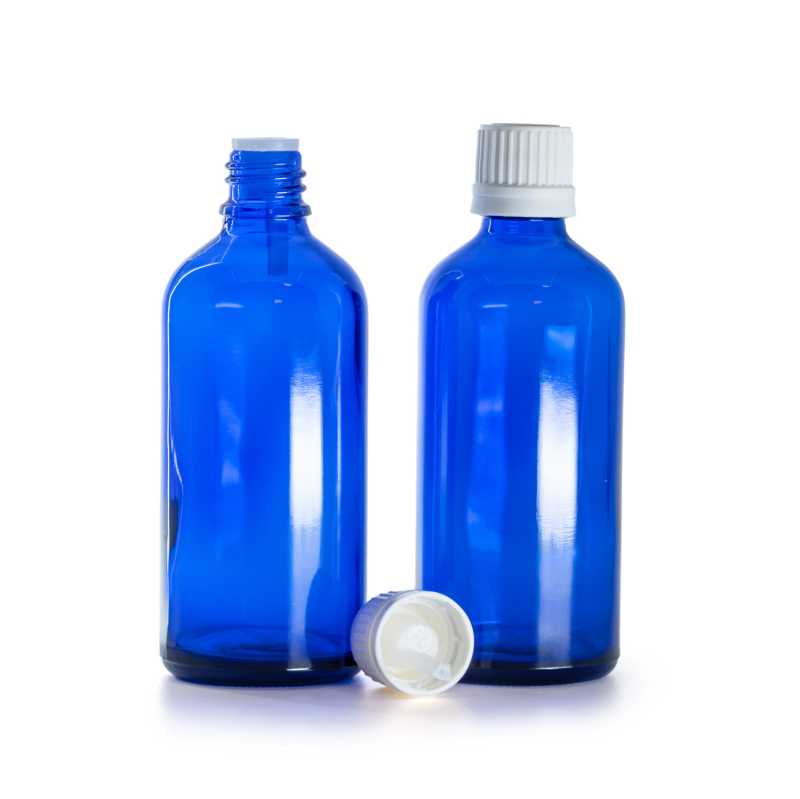 Kék üvegpalack fehér, garanciazáras cseppentős kupakkal, 100 ml
