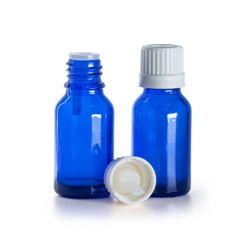 Kék üvegpalack fehér, garanciazáras pipettás kupakkal, 15 ml