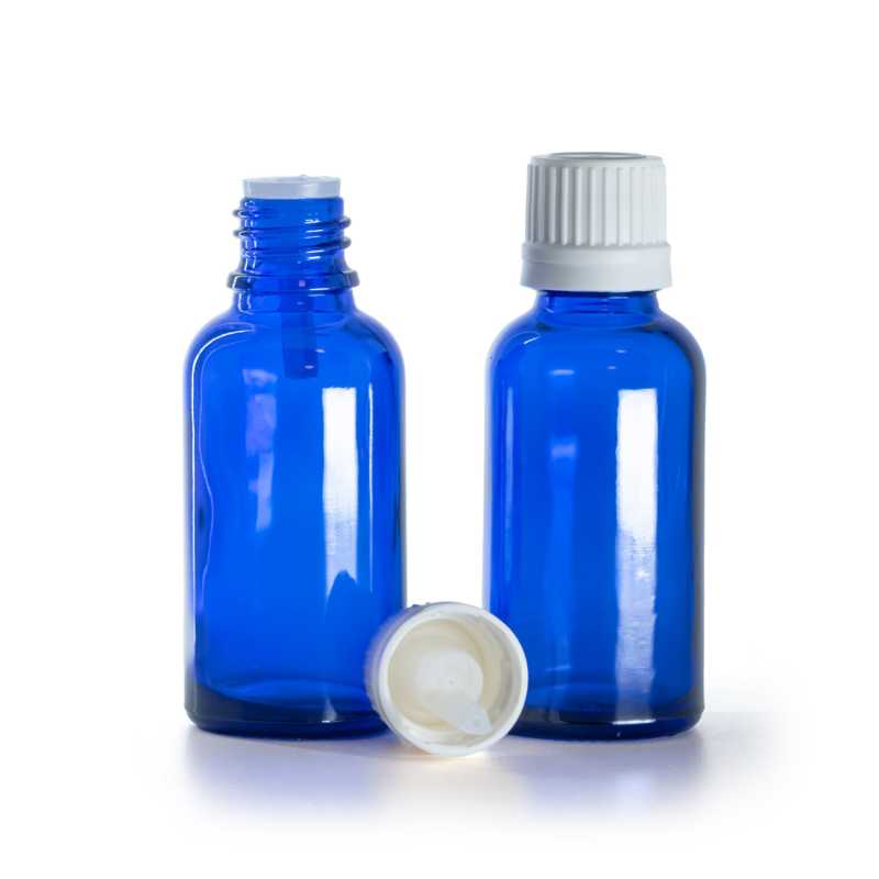 Kék üvegpalack fehér, garanciazáras pipettás kupakkal, 30 ml