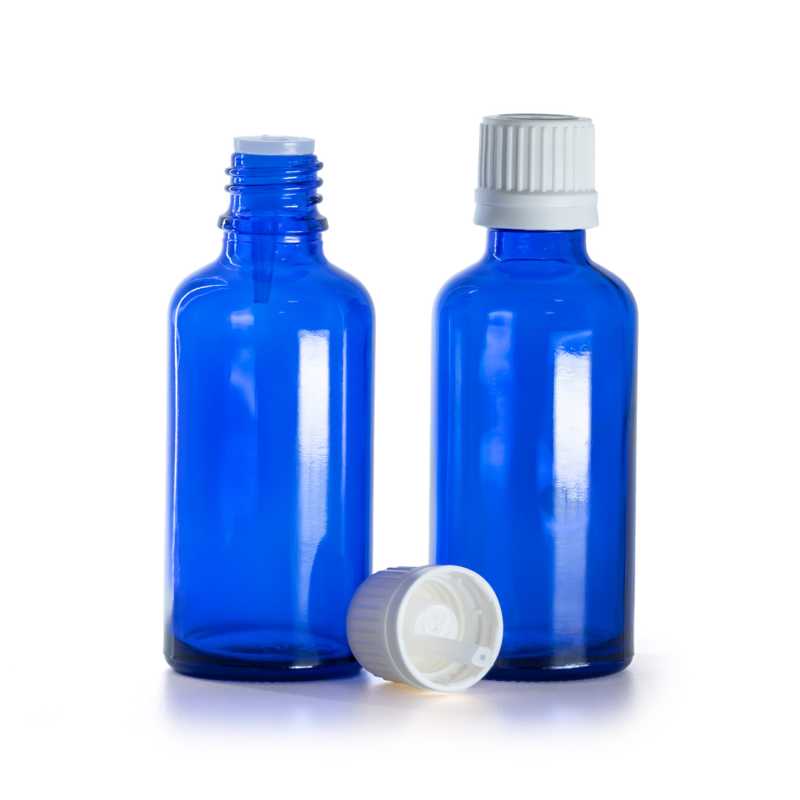 Kék üvegpalack, fehér garanciazáras kupak pipettával, 50 ml