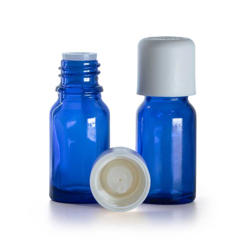 Kék üvegpalack, fehér biztonsági cseppentős kupak, 10 ml