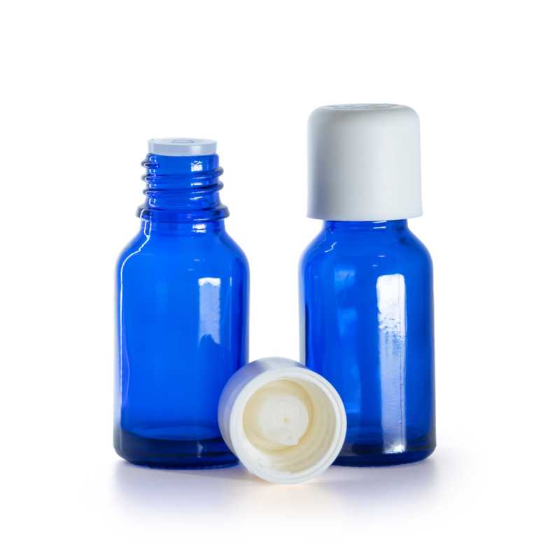 Kék üvegpalack fehér biztonsági kupakkal és cseppentővel 15 ml