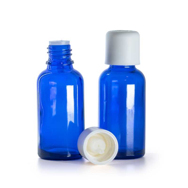 Kék üvegpalack, fehér biztonsági kupak cseppentővel, 30 ml