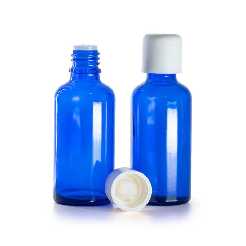 Kék üvegpalack, fehér biztonsági kupak cseppentővel, 50 ml