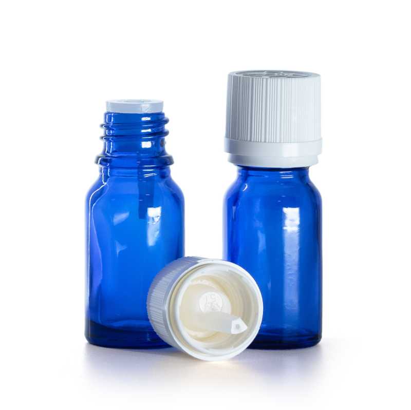 Kék üvegpalack, fehér garanciazáras cseppentős kupak, 10 ml