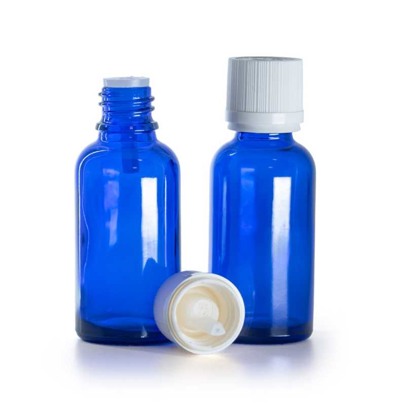 Kék üvegpalack, fehér garanciazáras cseppentős kupak, 30 ml