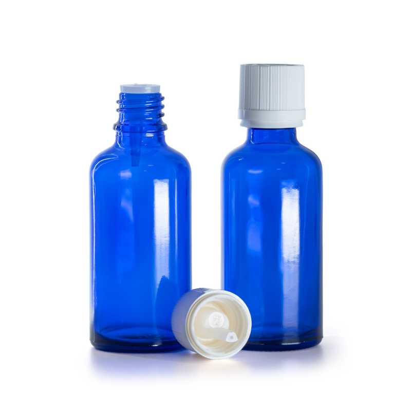 Kék üvegpalack, fehér, garanciazáras biztonsági kupak, 50 ml