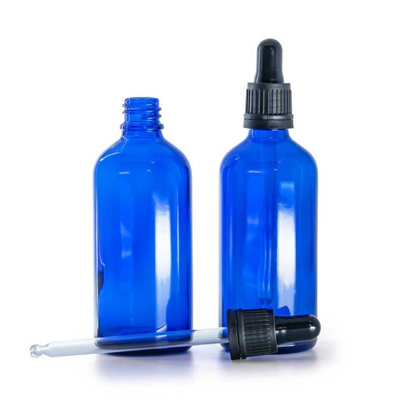 Kék üvegpalack fekete, manipulálásbiztos pipettával, 100 ml