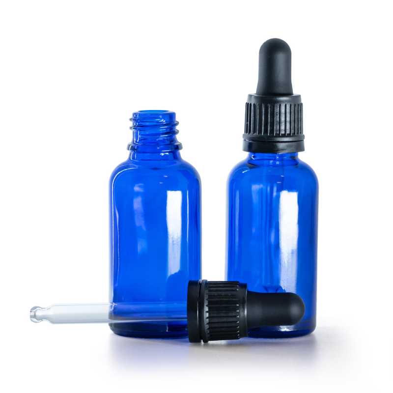 Kék üvegpalack, fekete törésbiztos pipetta, 30 ml