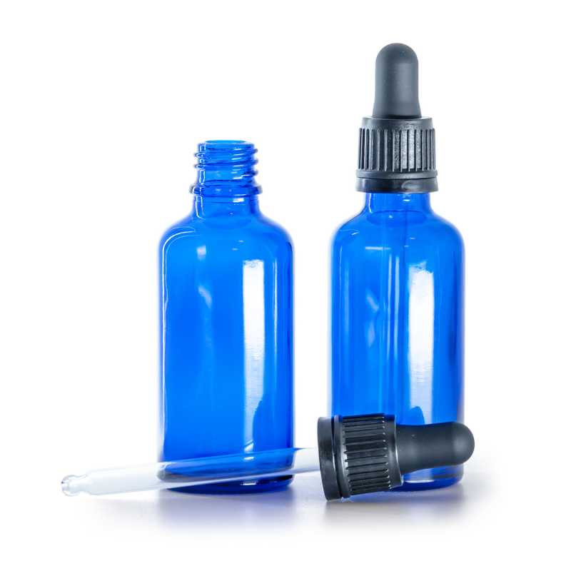 Kék üvegpalack fekete, manipulálásbiztos cseppentővel, 50 ml