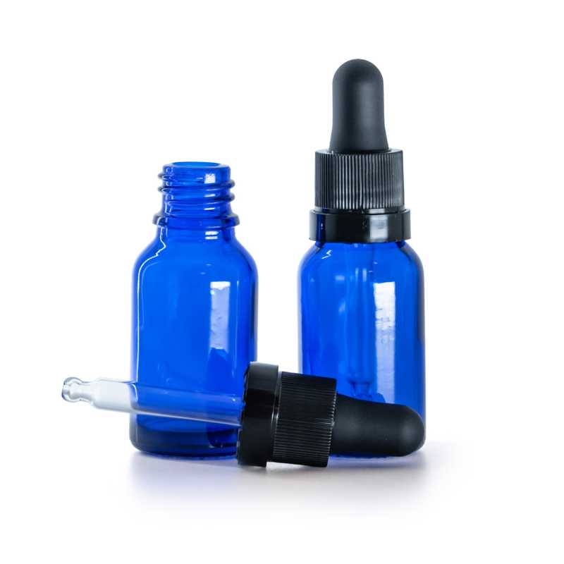 Kék üvegpalack fényes csíkkal ellátott fekete pipettás kupakkal, 15 ml