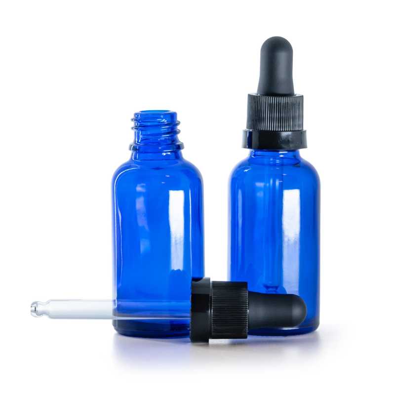 Kék üvegpalack, fekete cseppentős kupak fényes gyűrűvel, 30 ml