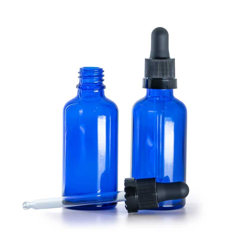 Kék üvegpalack, fekete cseppentő fényes gyűrűvel, 50 ml