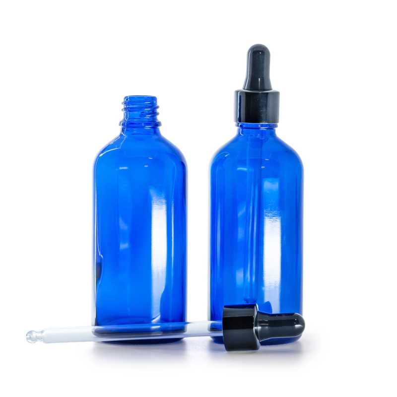 Kék üvegpalack fényes fekete pipettával, 100 ml