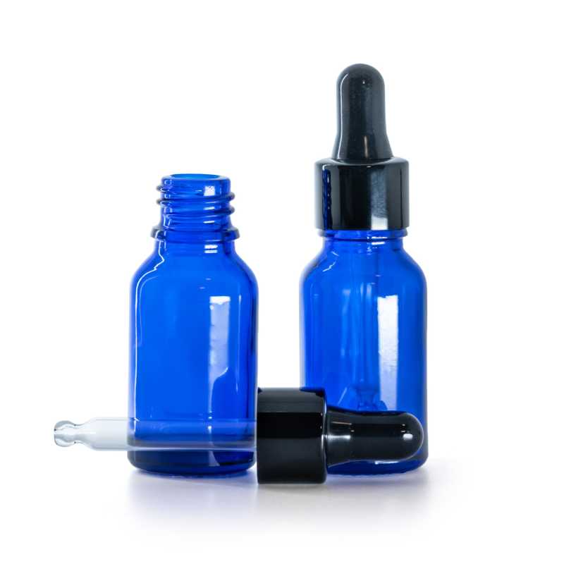 Kék üvegpalack fényes fekete pipettával, 15 ml