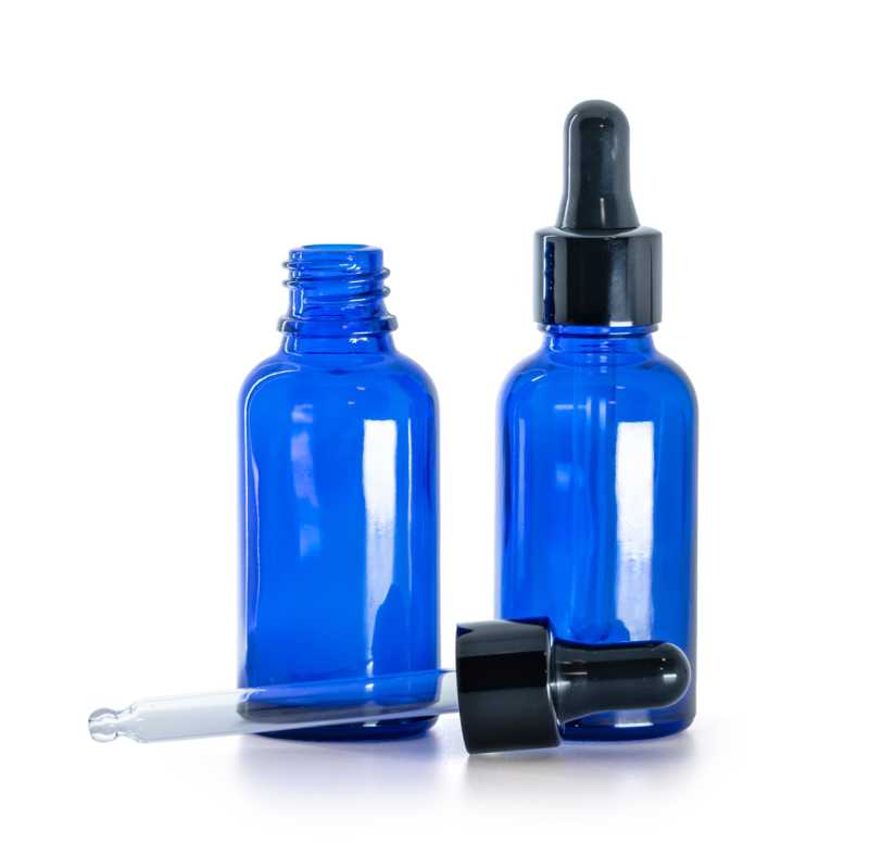 Kék üvegpalack fényes fekete pipettával, 30 ml