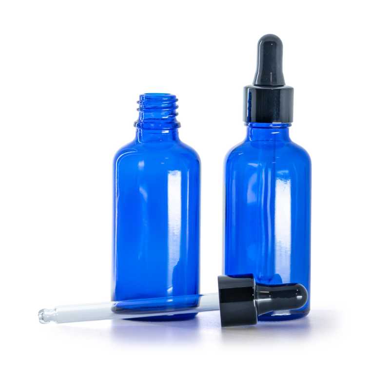 Kék üvegpalack, fényes fekete cseppentő, 50 ml