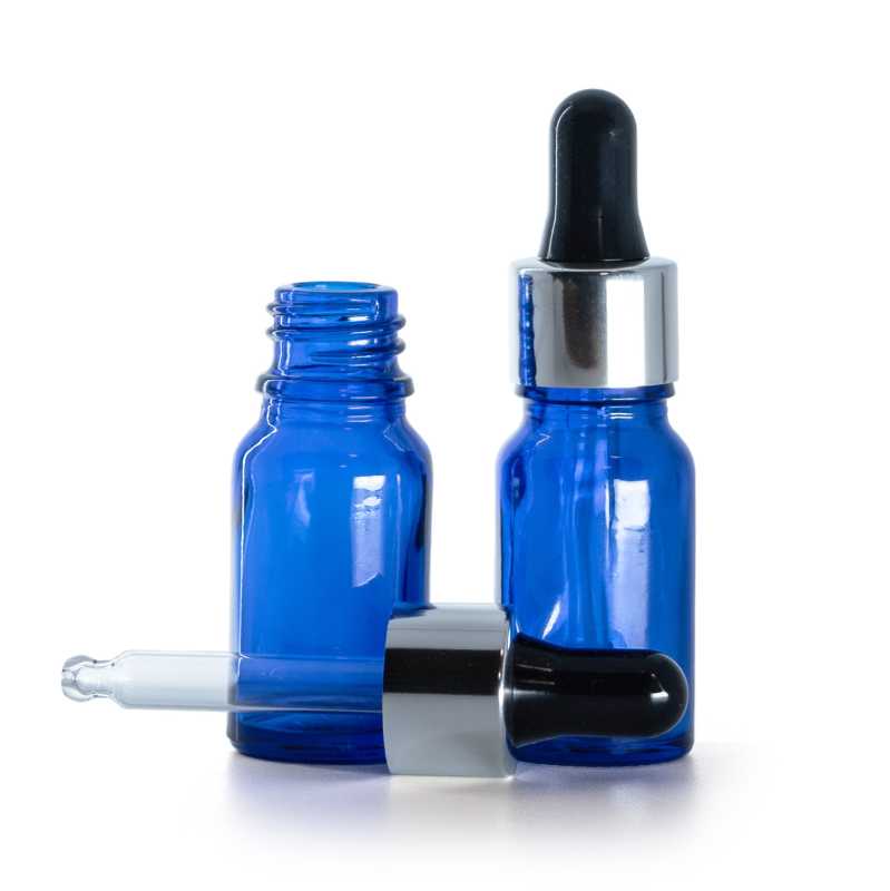 Kék üvegpalack fekete-ezüst pipettás kupakkal, 10 ml