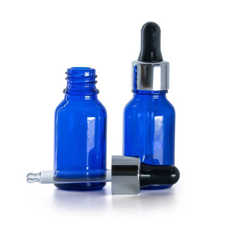 Kék üvegpalack fekete-ezüst pipettával, 15 ml