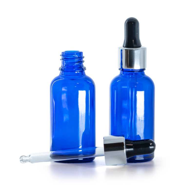 Kék üvegpalack fekete-ezüst pipettás kupakkal, 30 ml
