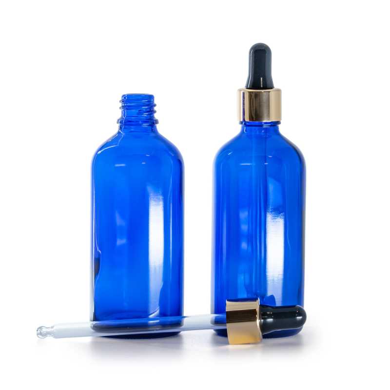 Kék üvegpalack fekete‑arany pipettával 100 ml