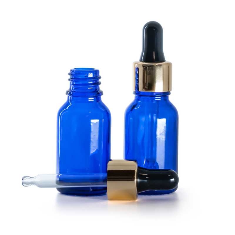 Kék üvegpalack fekete-arany pipettával 15 ml