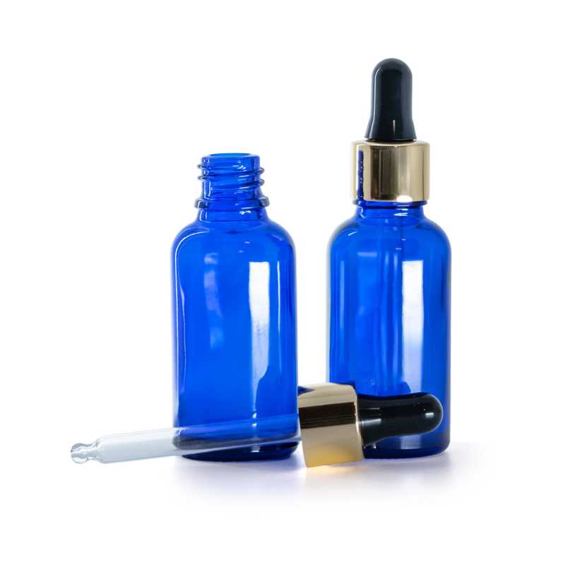 Kék üvegpalack fekete-arany pipettával 30 ml