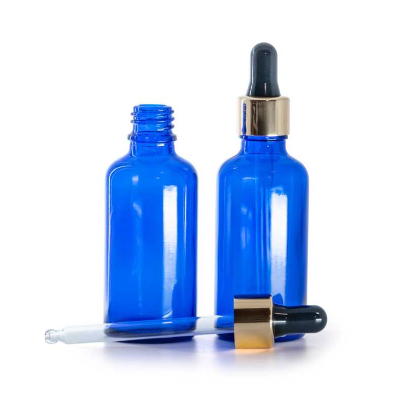 Kék üvegpalack fekete-arany pipettával 50 ml