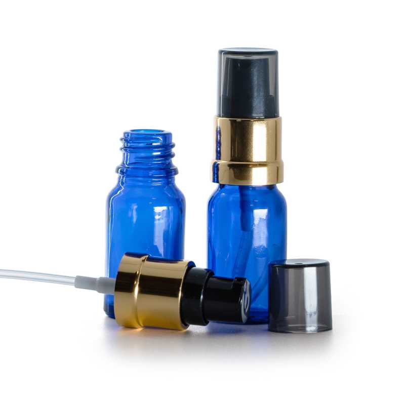 Kék üvegpalack fényes fekete‑arany adagolófejjel 10 ml