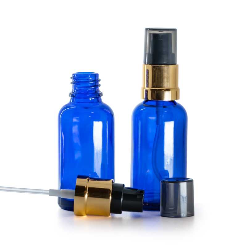 Kék üvegpalack, fényes fekete-arany adagoló, 30 ml