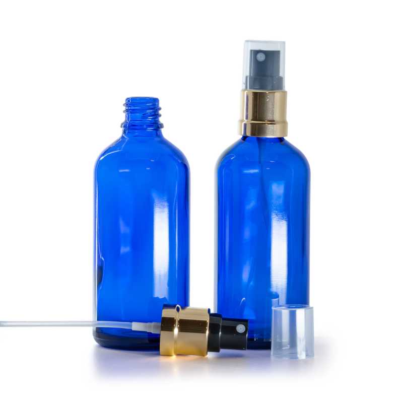 Kék üvegpalack fekete-arany permetezőfejjel 100 ml