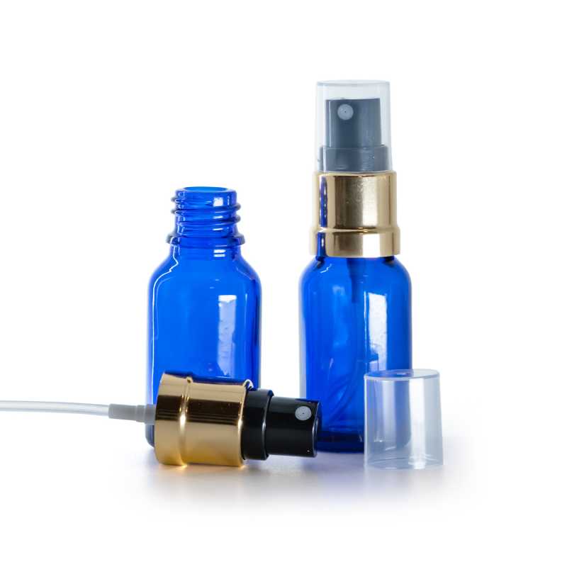 Kék üvegpalack fekete-arany permetezőfejjel 15 ml