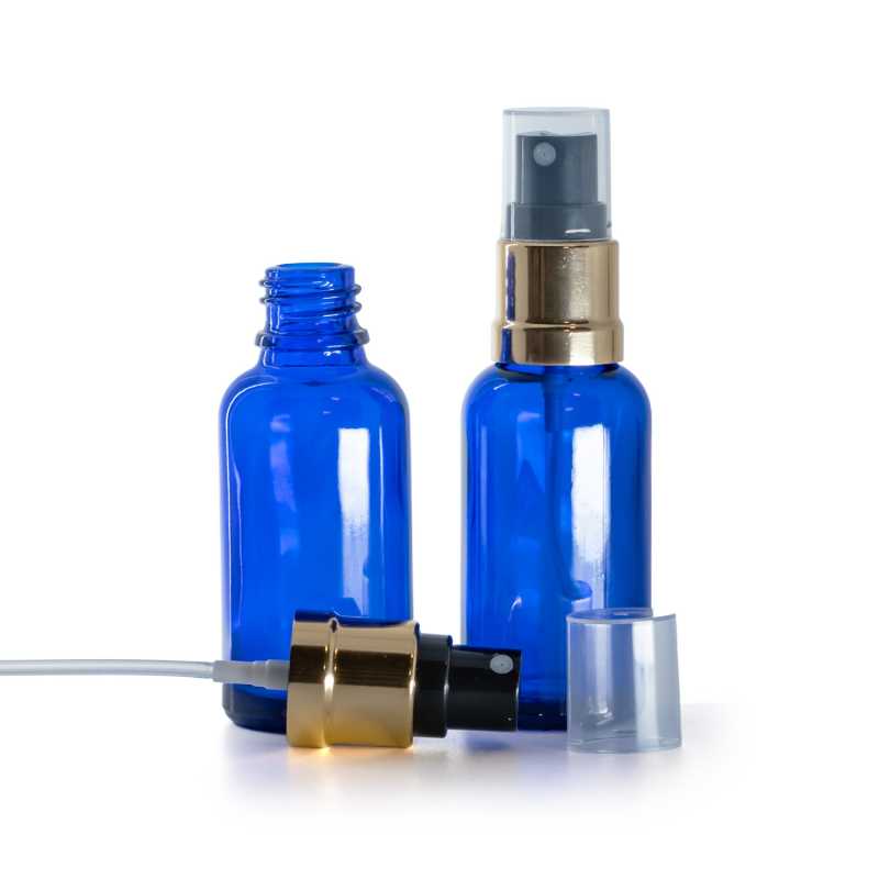 Kék üvegpalack fekete-arany permetezőfejjel 30 ml