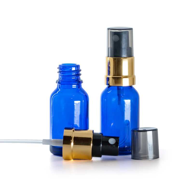 Kék üvegcse, fekete-arany szórófej, füstös felső kupak, 15 ml