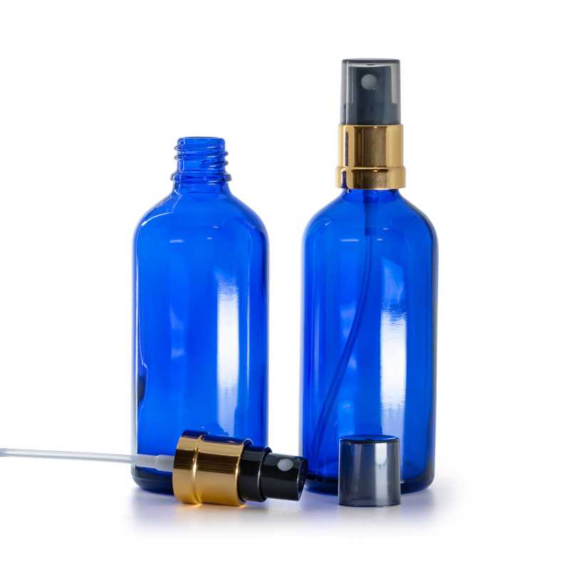 Kék üvegpalack, fényes fekete-arany permetező, füstös kupak, 100 ml