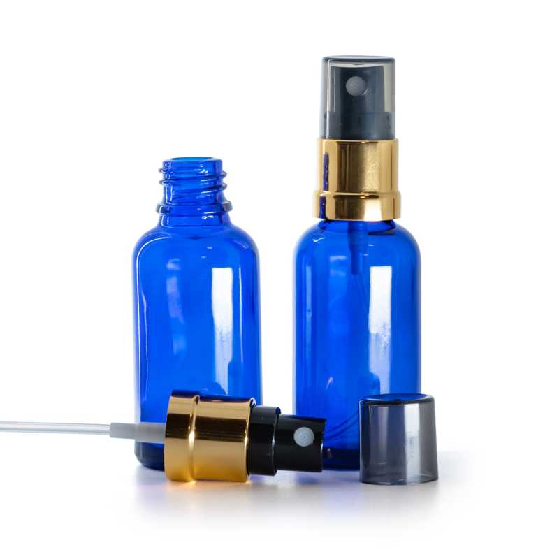 Kék üvegpalack, fekete-arany permetezőfej füstös overcappel, 30 ml