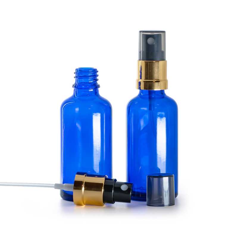 Kék üvegpalack, fekete-arany fényes permetező, füstös kupak, 50 ml