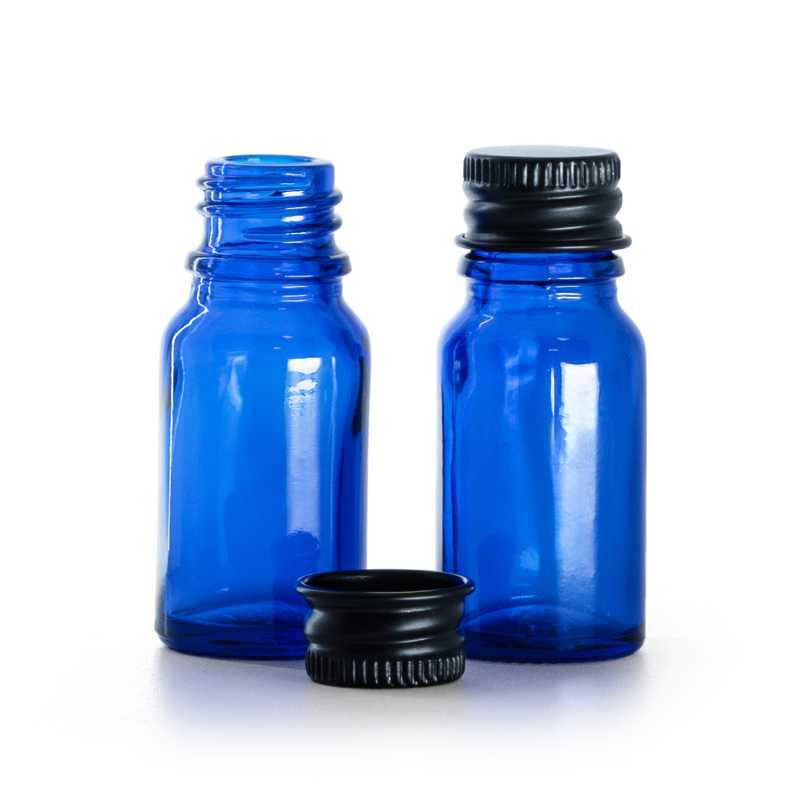 Kék üvegpalack, fekete alumínium kupak, 10 ml