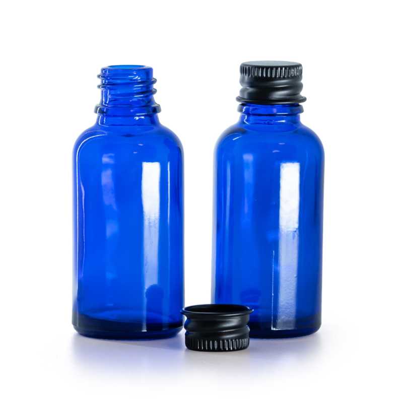 Kék üvegpalack fekete alumínium kupakkal 30 ml